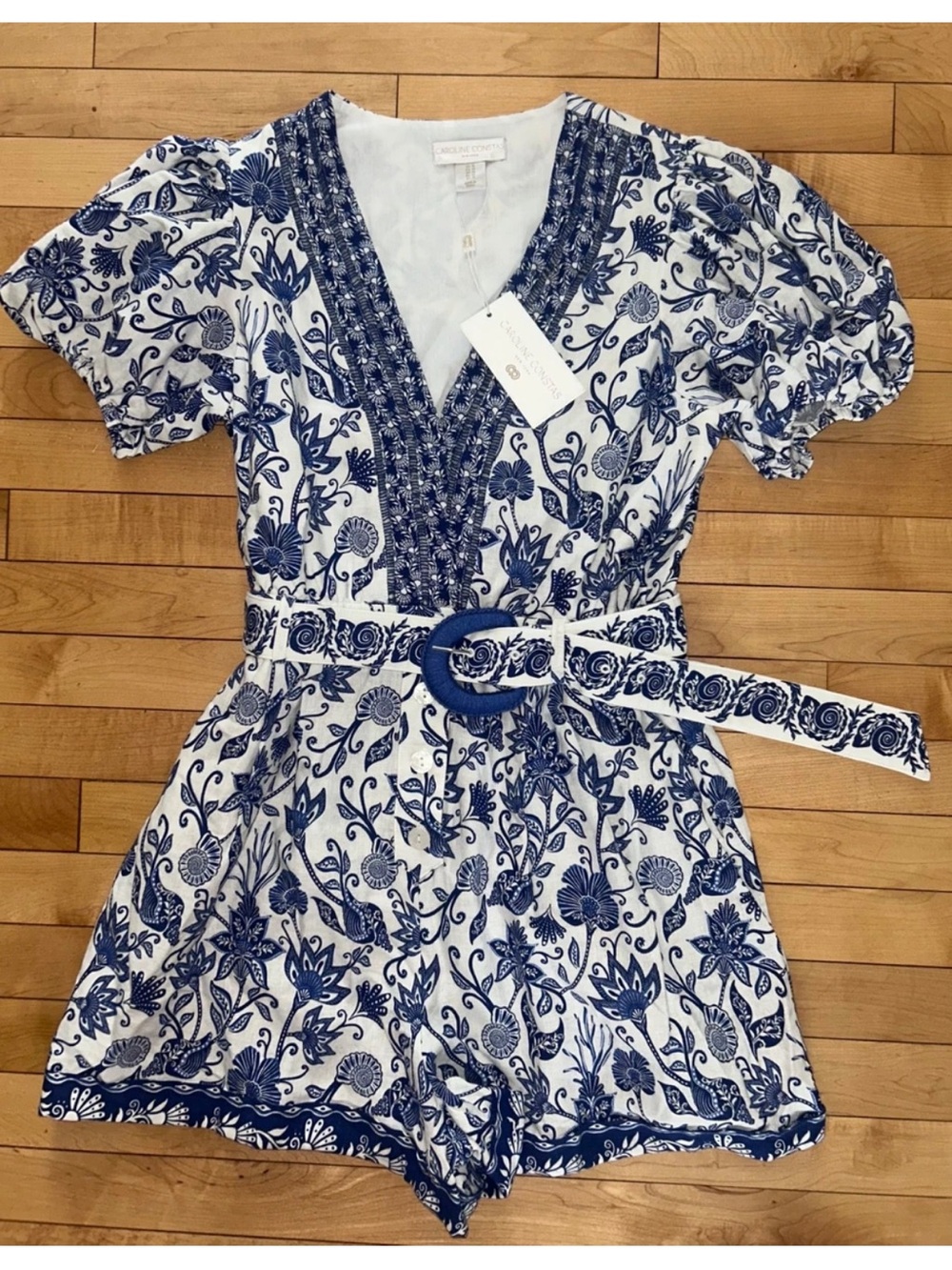NEW! NWT CAROLINE CONSTAS Linen Blend Antique Floral Romper Blue/White Size 10